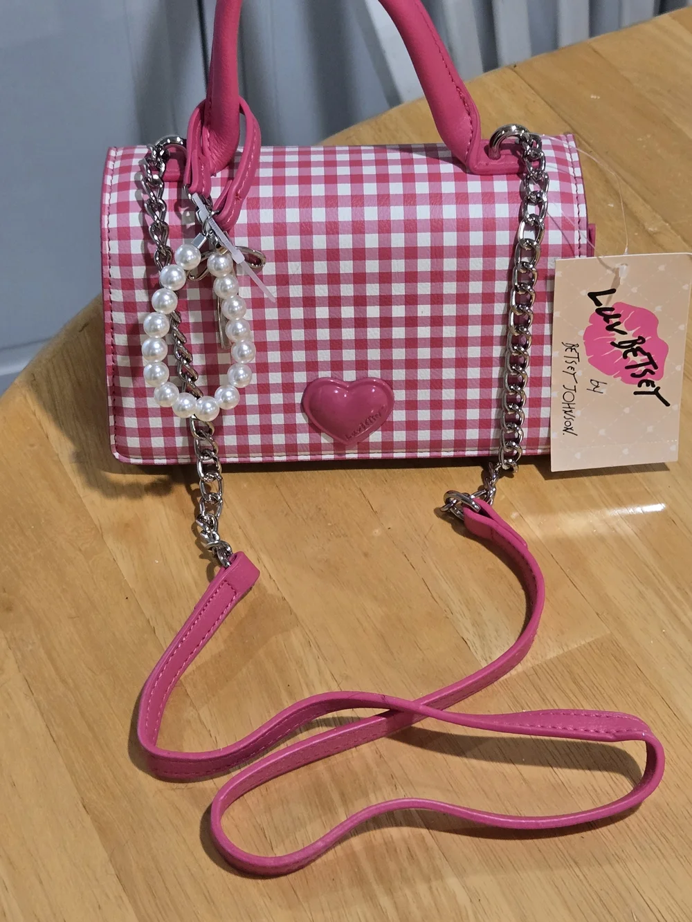 Pink Gingham Crossbody Bag with Heart Accent and Pearl Charm